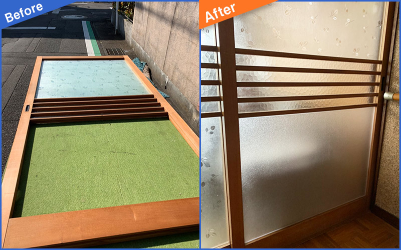木製の枠が付いた室内すりガラス扉のBefore&After画像