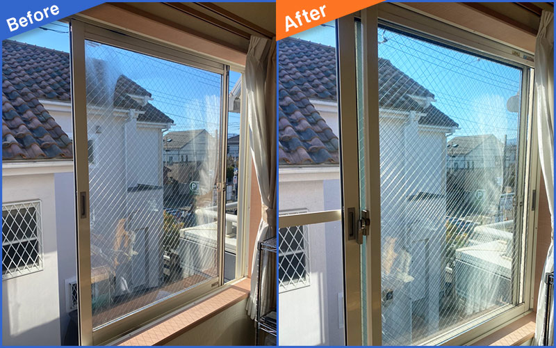 ガラスを併せた箇所が曇っている2階からの部屋窓のBefore&After画像