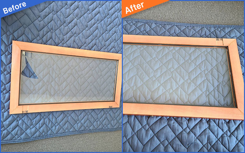 一部が欠けた木枠のガラス窓のBefore&After画像