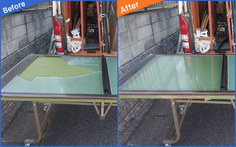 机の上に置いた割れたガラスのBefore&After画像