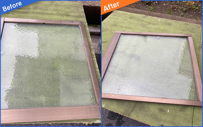 地面に置かれた木枠のすりガラスのBefore&After画像