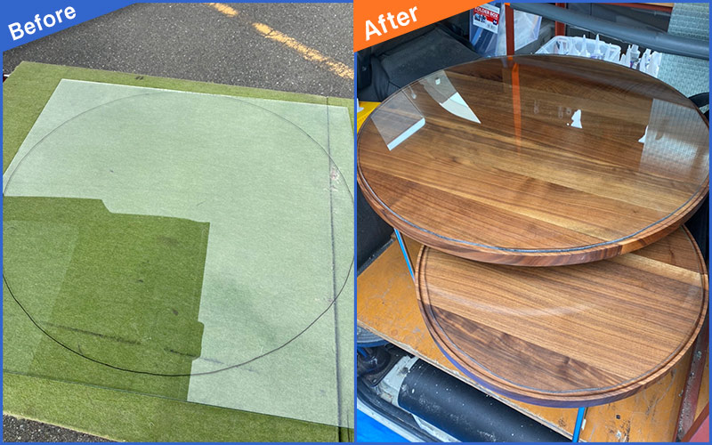大きく割れた丸テーブルの天板ガラスのBefore&After画像