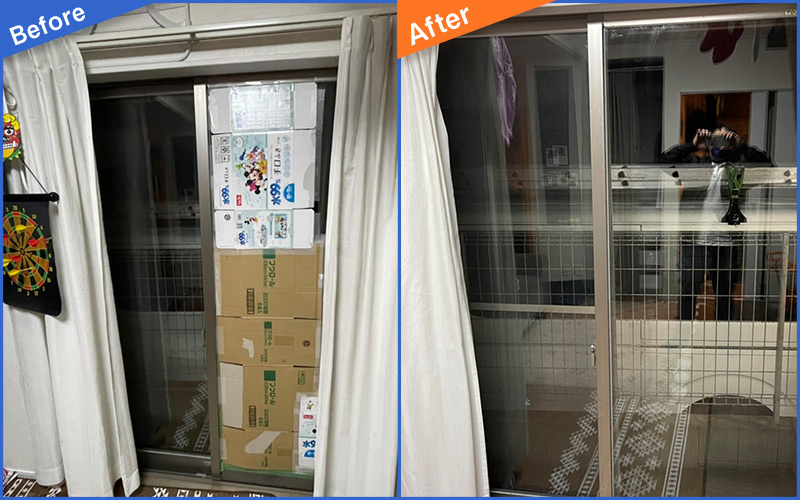 段ボールでふさいだ割れガラスのBefore&After画像