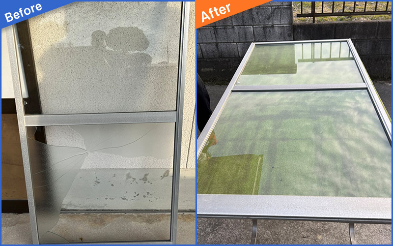 放射状に割れてかけたガラス窓のBefore&After画像