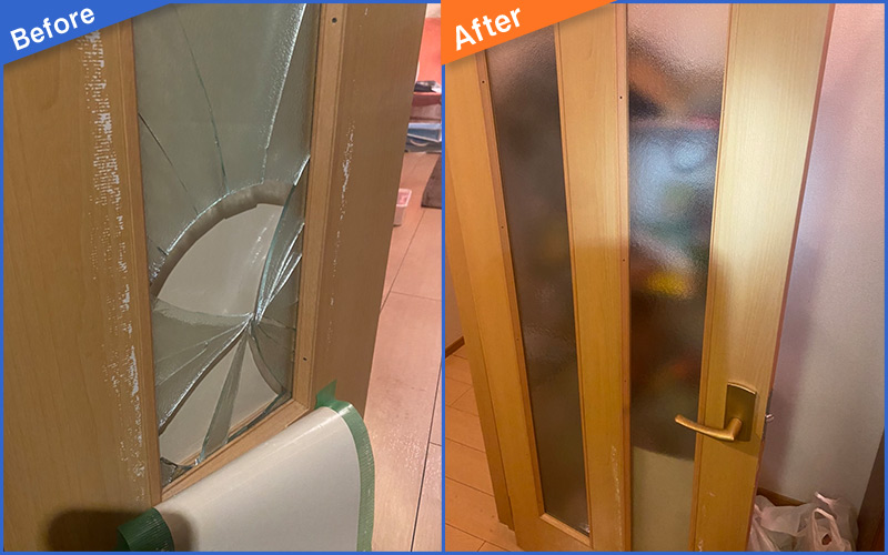 割れた木製室内ドアガラスのBefore&After画像