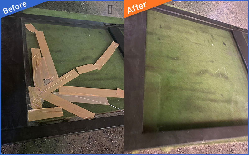 ガムテで補強した割れたガラス扉のBefore&After画像