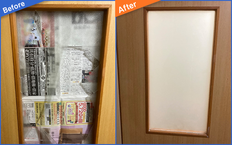 新聞紙の上に割れたガラスが置かれている画像のBefore&After画像