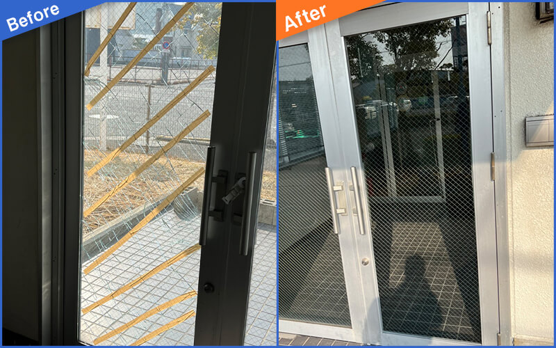 ドアガラスのガムテープが貼ってある画像のBefore&After画像