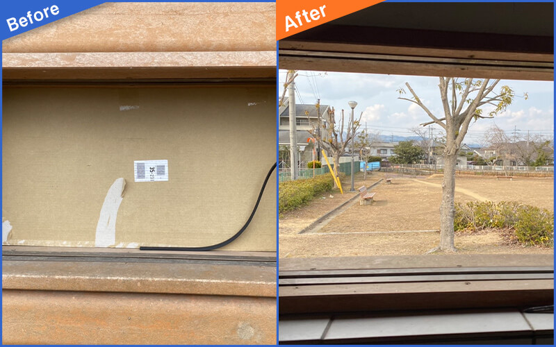 窓のガラスがない状態の画像のBefore&After画像