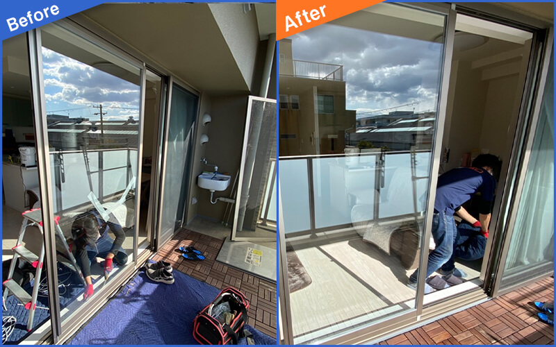 作業員が窓の張替えをしている画像のBefore&After画像