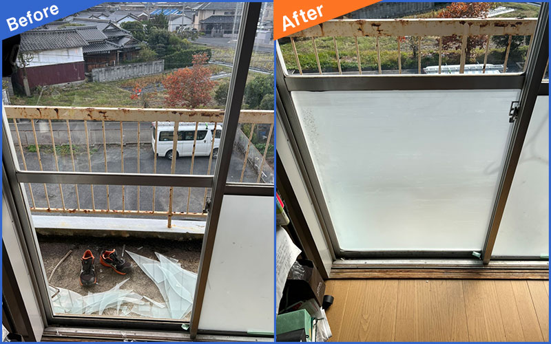 ベランダに続く割れたガラス窓のBefore&After画像