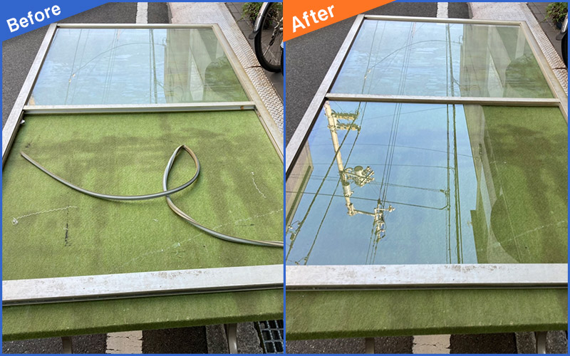 下の枠が完全に割れた窓ガラスのBefore&After画像