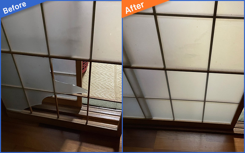 曇りのある割れた障子ガラスのBefore&After画像