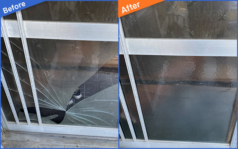 模様のついた玄関扉のガラスのBefore&After画像