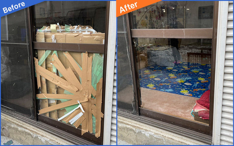 ガムテープで補強された割れた窓ガラスのBefore&After画像