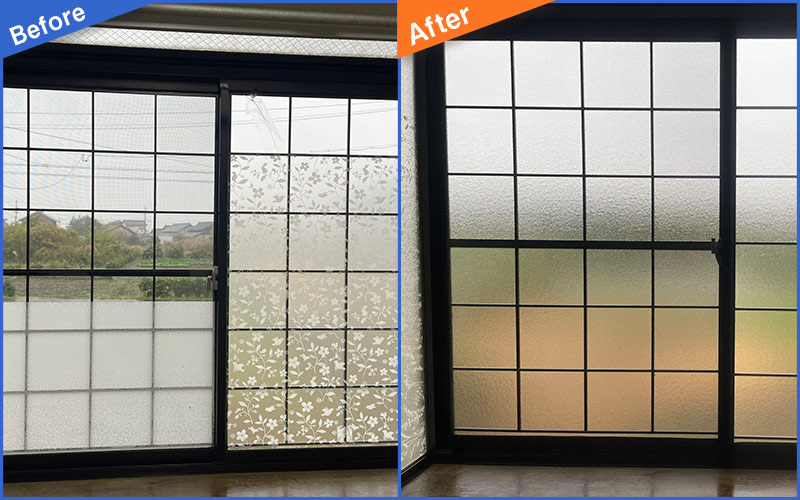 花の模様がついた障子ガラスのBefore&After画像