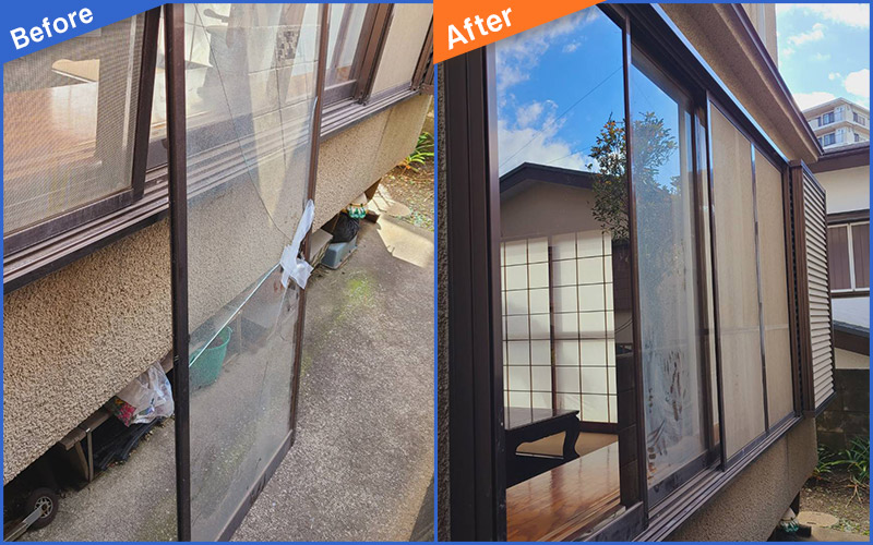 外の大きめのガラスのBefore&After画像