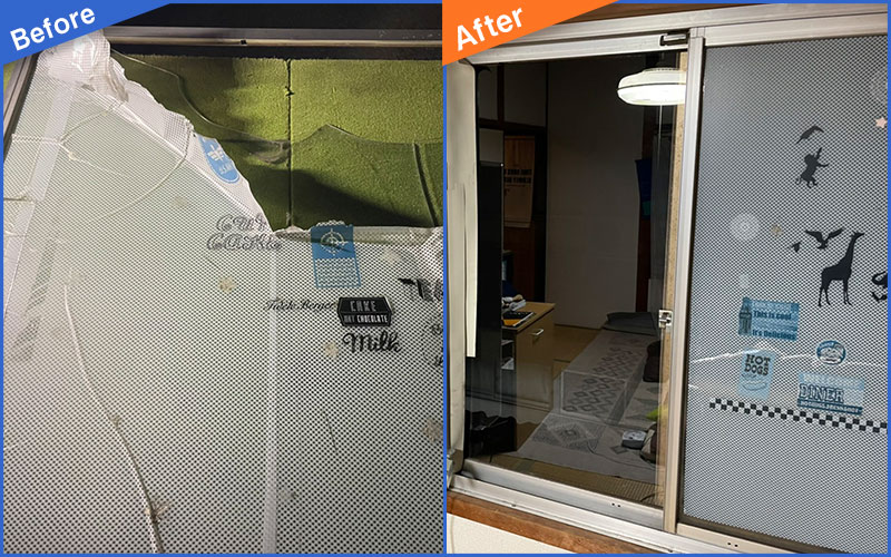割れて網戸がやぶれたガラスのBefore&After画像