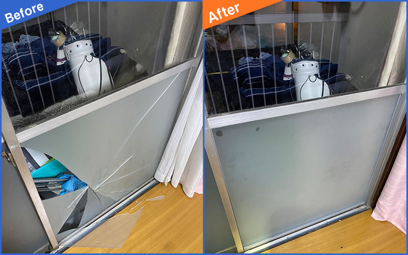 割れたべランダへ続く窓ガラスのBefore&After画像