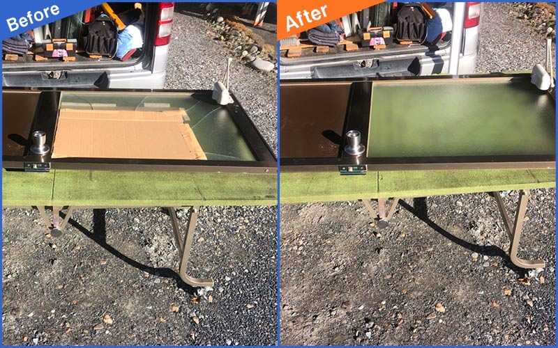 机に置かれた割れたガラス扉のBefore&After画像