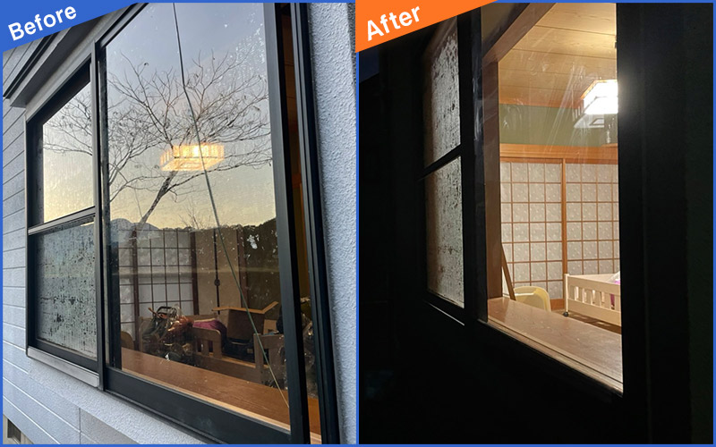 白壁黒枠の割れた窓ガラスのBefore&After画像