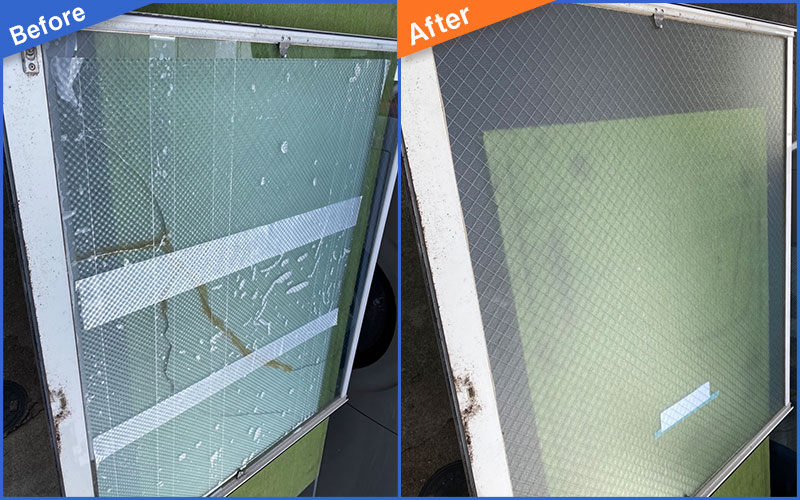 白枠の割れた網入りガラスのBefore&After画像