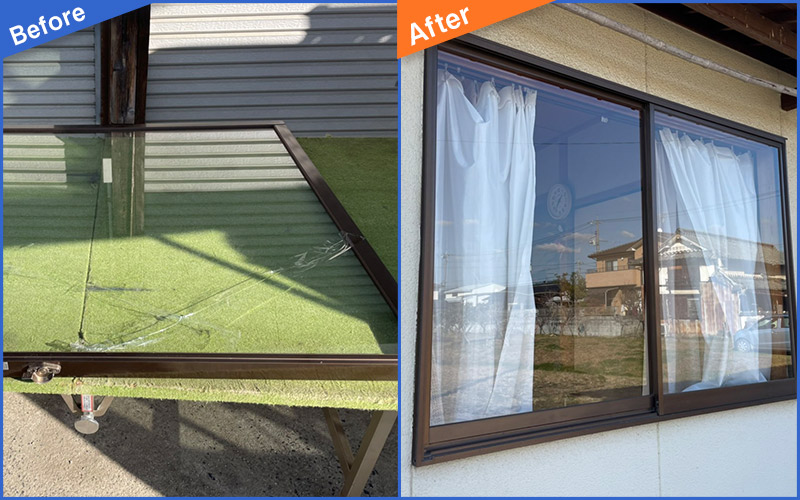 割れた横長の大きめ窓ガラスのBefore&After画像