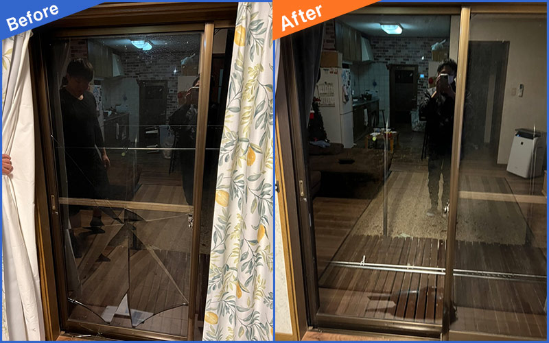 リビングにある大きな窓ガラスのBefore&After画像