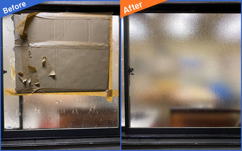 段ボールで割れた箇所を補強している窓ガラスのBefore&After画像