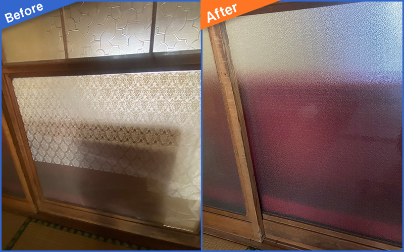 模様の入ったガラスの下部が割れたBefore&After画像