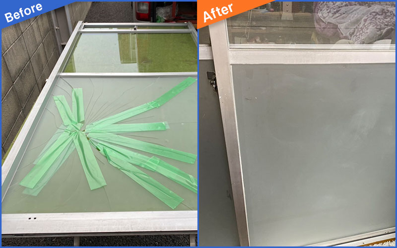 放射状にヒビが入ったガラス窓のBefore&After画像
