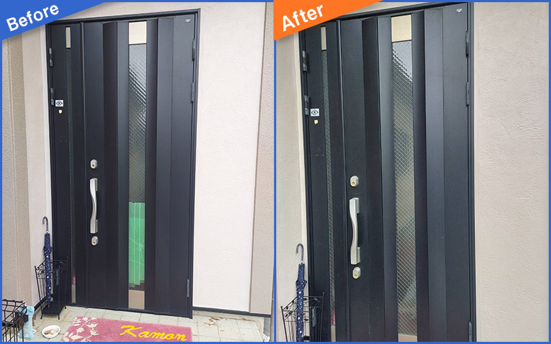 黒い扉の玄関ガラスのBefore&After画像