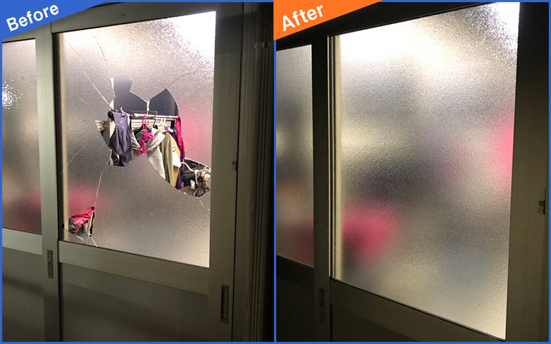 割れて中が見えてしまっているガラス窓のBefore&After画像