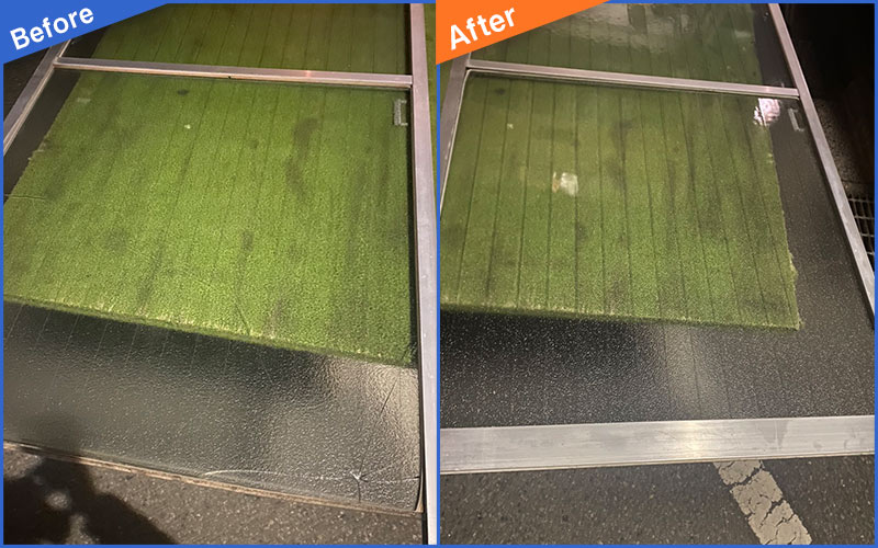 夜ヒビ割れたガラス窓を床に置いたBefore&After画像