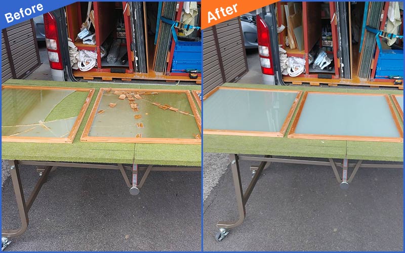 割れたガラスを机の上に置いて比べたBefore&After画像