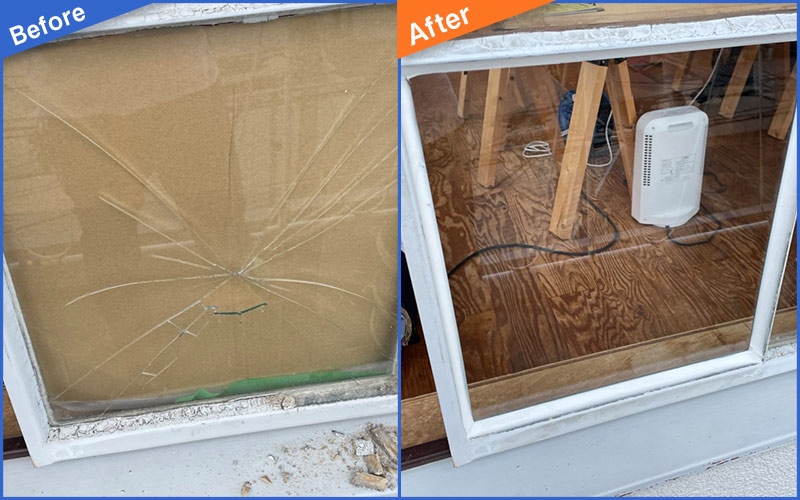 放射状にひびが入ったガラス窓のBefore&After画像