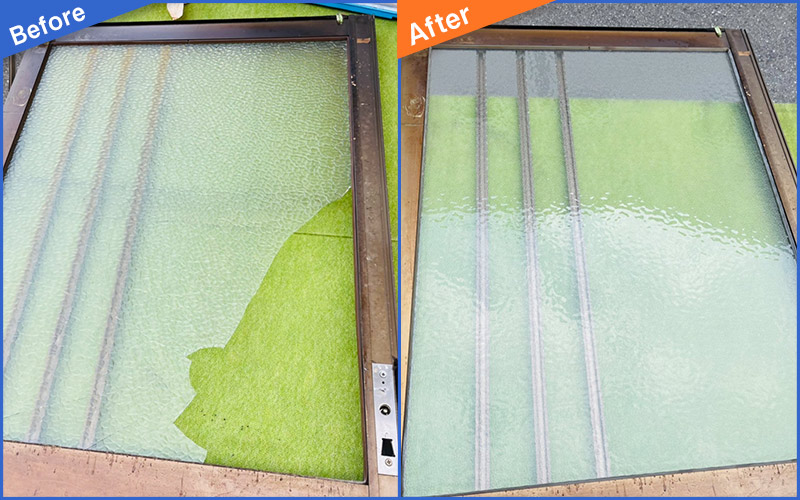 欠けたガラス窓を床に置いたBefore&After画像