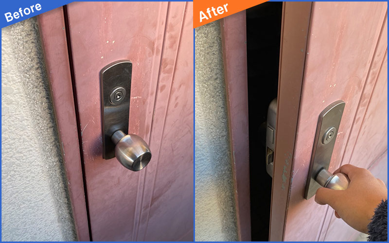ピンクの玄関ドアの開閉Before&After画像
