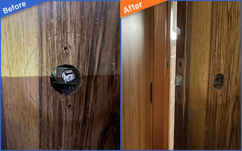 ドアノブ部分に穴が開いている木製ドアのBefore&After画像