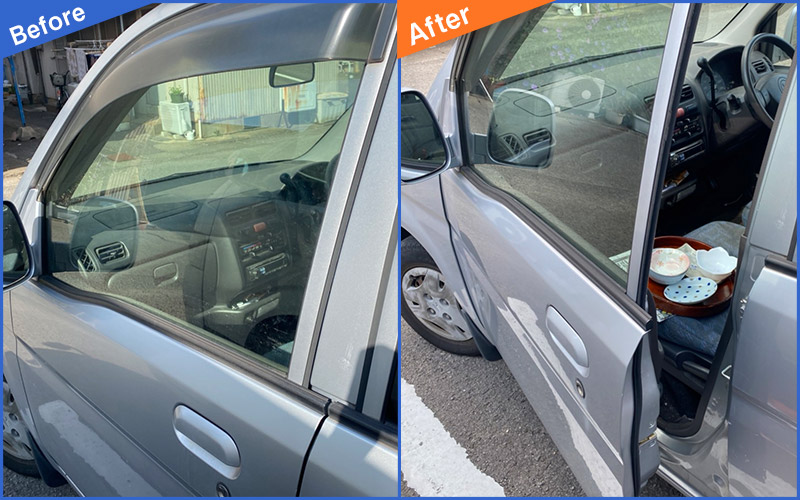 銀の車体の車のドアの開錠のBefore&After画像