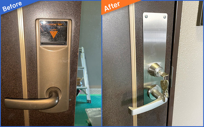 オートロック式の茶色扉のBefore&After画像
