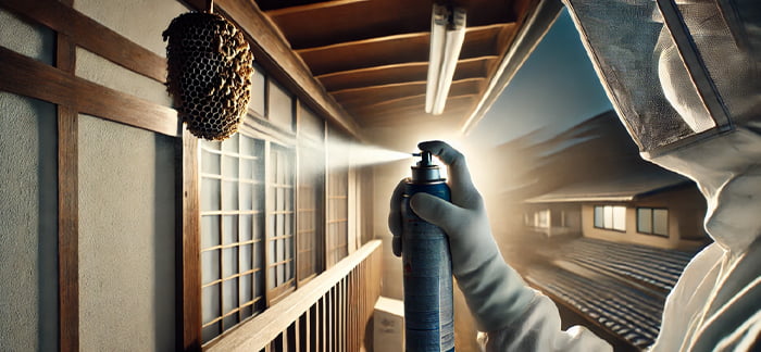 ハチの巣にスプレーをかける