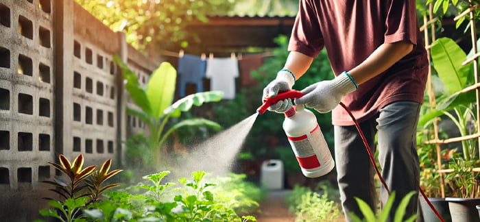 植物に虫よけをかけている画像